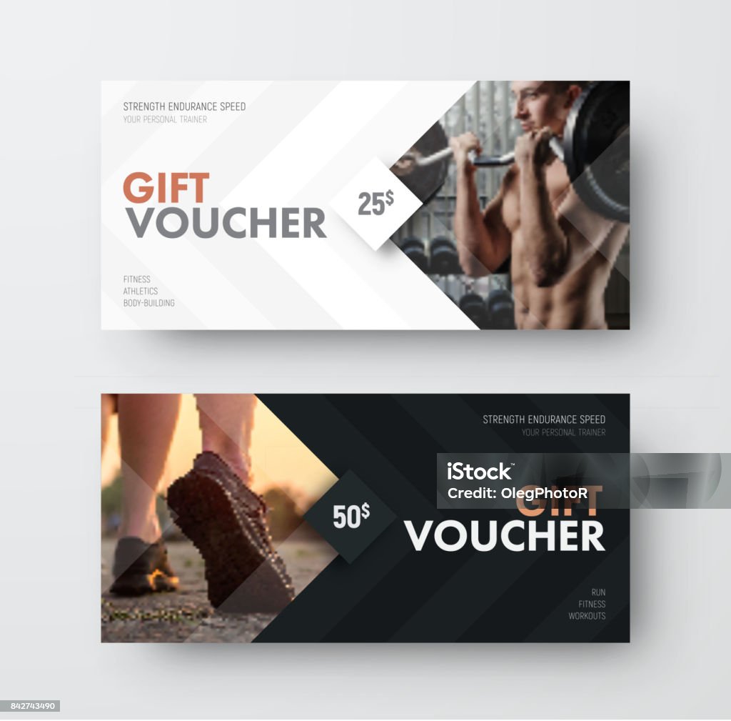 Vector gift voucher template with an arrow, a diamond and a place for the image Vector gift voucher template with an arrow, a diamond and a place for the image. Universal white and black flyer template for advertising a gym or business. Blurred photo for an example. Coupon stock vector