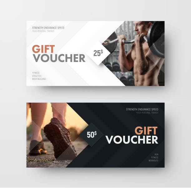 Vector gift voucher template with an arrow, a diamond and a place for the image Vector gift voucher template with an arrow, a diamond and a place for the image. Universal white and black flyer template for advertising a gym or business. Blurred photo for an example. gym borders stock illustrations
