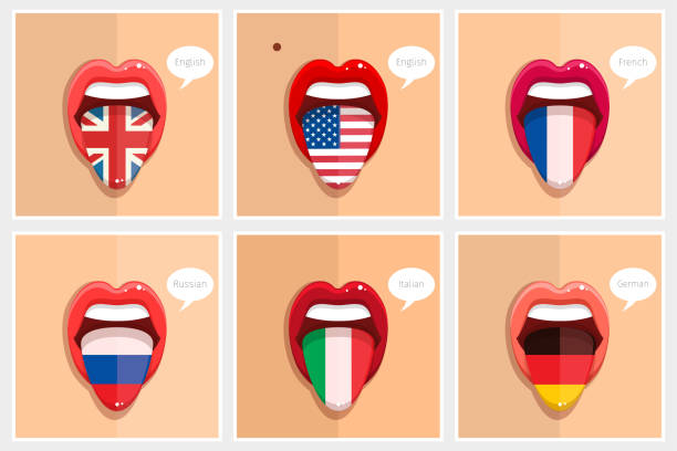 Learning languages concept. Learning languages concept. Open mouth with flags. Learning English, American, French, German, Italian, Russian languages. Flat design vector illustration paris red lips stock illustrations