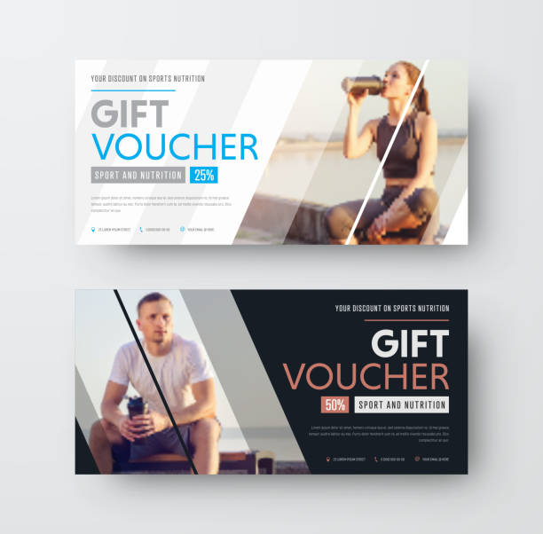 Design of a vector gift voucher with diagonal lines and a place for the image Design of a vector gift voucher with diagonal lines and a place for the image. Universal flyer template for advertising sports nutrition. Blurred photo for an example. coupon stock illustrations