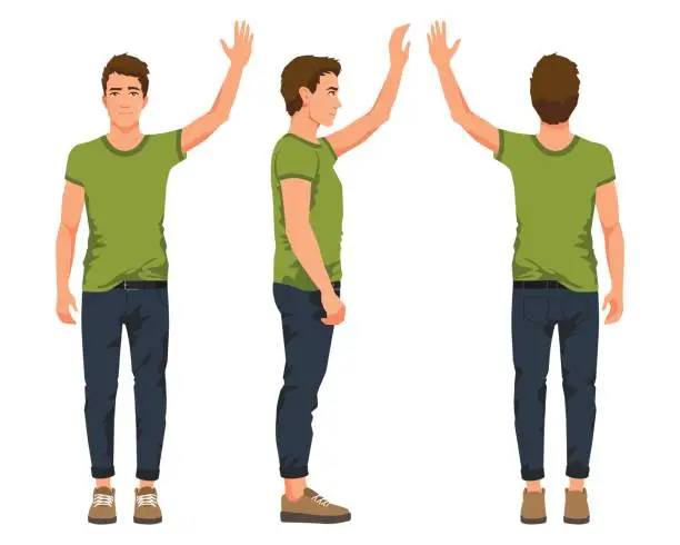 Vector illustration of Vector illustration of three men with hand up in casual clothes under the white background. Cartoon realistic people illustartion. Flat young man. Front view man, Side view man, Back side view man