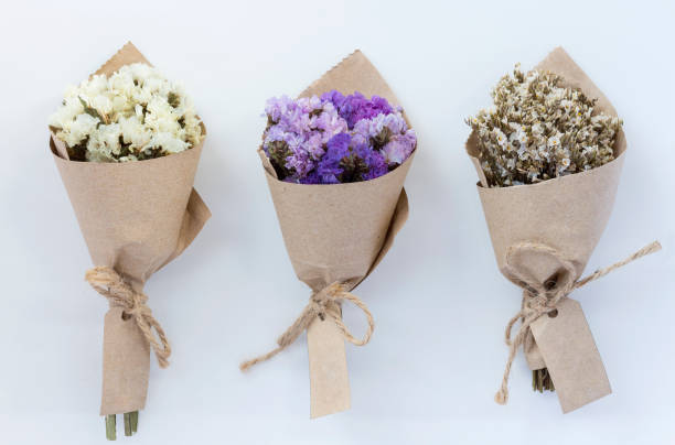 three flower bouquet on white background. - small bouquet imagens e fotografias de stock