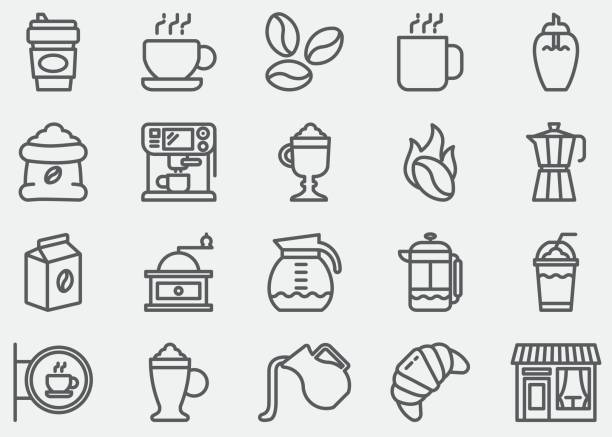 ilustrações de stock, clip art, desenhos animados e ícones de coffee line icons - breakfast cup coffee hot drink