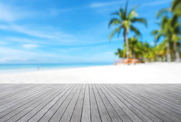istock Wooden platform with tropical beach abstract background 842752548