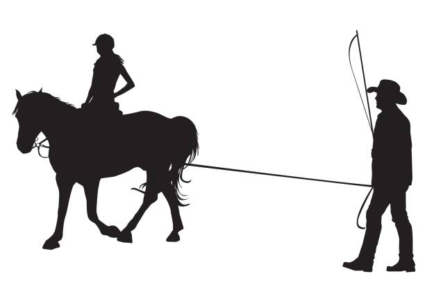 ilustrações de stock, clip art, desenhos animados e ícones de girl riding on the horse with her trainer - teaching child horseback riding horse