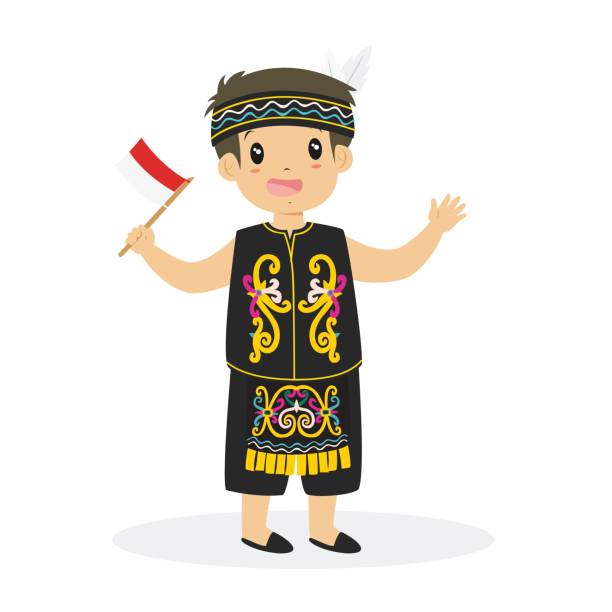 dayak chłopiec gospodarstwa indonezyjski flaga cartoon vector - dayak stock illustrations