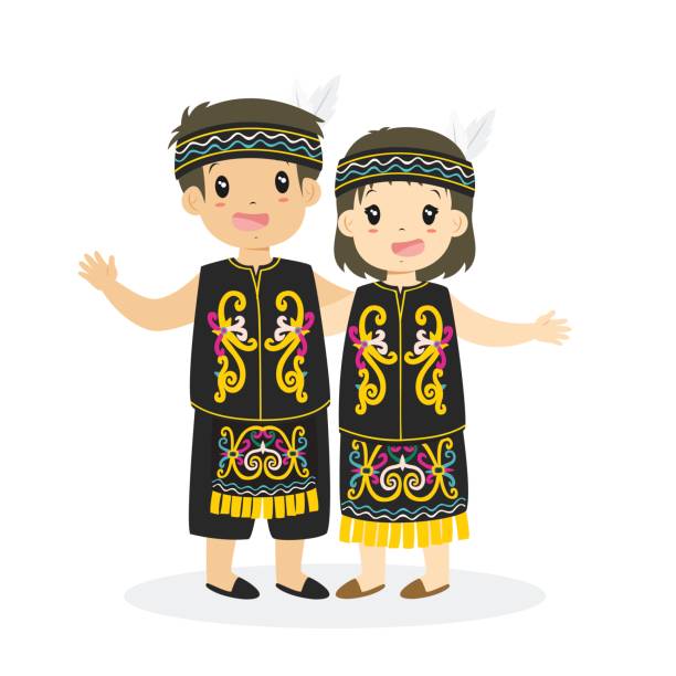 dzieci w dayak tradycyjna sukienka cartoon vector - smiling human settlement traditional culture man made object stock illustrations