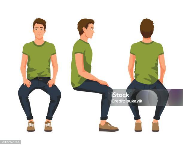 Vector Illustration Of Three Sitting Men In Casual Clothes Under The White Background Cartoon Realistic People Stock Illustration - Download Image Now