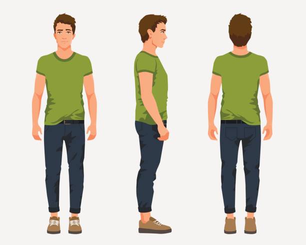 ilustrações, clipart, desenhos animados e ícones de ilustração em vetor de três homens em roupas casuais sob o fundo branco. desenhos animados illustartion pessoas realistas. apartamento de jovem. vista frontal homem, lado vista, costas lado vista - t shirt shirt white men