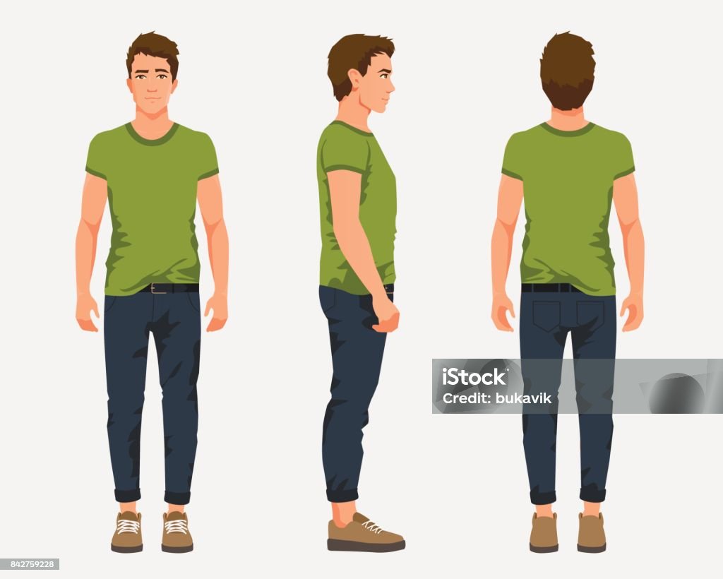 Vector illustration of three men in casual clothes under the white background. Cartoon realistic people illustartion. Flat young man. Front view man, Side view man, Back side view man Men stock vector