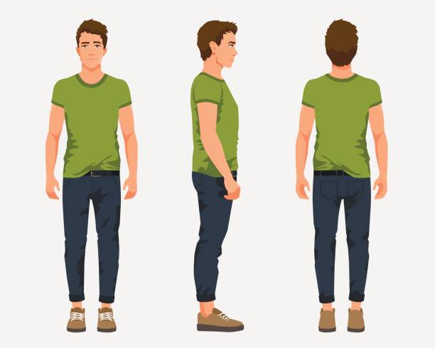 Vector illustration of three men in casual clothes under the white background. Cartoon realistic people illustartion. Flat young man. Front view man, Side view man, Back side view man Vector illustration of three men in casual clothes under the white background. Cartoon realistic people illustartion. Flat young man. Front view man, Side view man, Back side view man standing stock illustrations