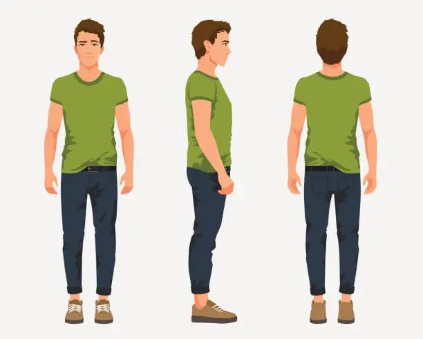 Vector illustration of Vector illustration of three men in casual clothes under the white background. Cartoon realistic people illustartion. Flat young man. Front view man, Side view man, Back side view man