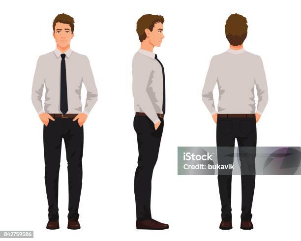 Illustration Vectorielle De Trois Hommes Daffaires Avec Mains Dans Les Poches En Tenue Officielle Illustration De Dessin Animé De Gens Réaliste Ouvrier Dans Une Chemise Avec Une Cravate Vue De Face Homme Vue Latérale Arrière Côté Vue Homme Vecteurs libres de droits et plus d'images vectorielles de Hommes