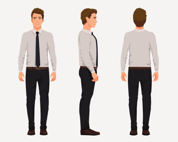 Vector illustration of three business men in official clothes. Cartoon realistic people illustartion.Worker in a shirt with a tie.Front view man,Side view man,Back side view man Vector illustration of three business men in official clothes. Cartoon realistic people illustartion.Worker in a shirt with a tie.Front view man,Side view man,Back side view man clubwear stock illustrations