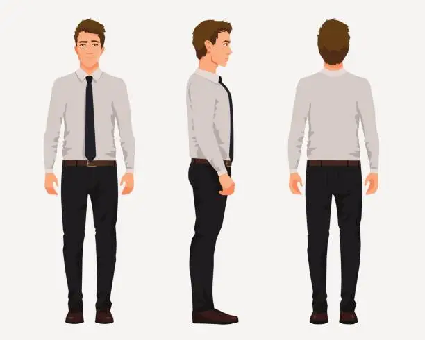 Vector illustration of Vector illustration of three business men in official clothes. Cartoon realistic people illustartion.Worker in a shirt with a tie.Front view man,Side view man,Back side view man