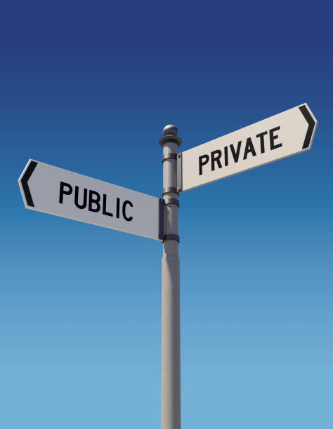 Street signs pointing opposite directions: Public or Private Street signs against clear blue sky pointing opposite directions: Public or Private. Dilemma and choice concept. Vertical composition with copy space. Clipping path is included. military private stock pictures, royalty-free photos & images