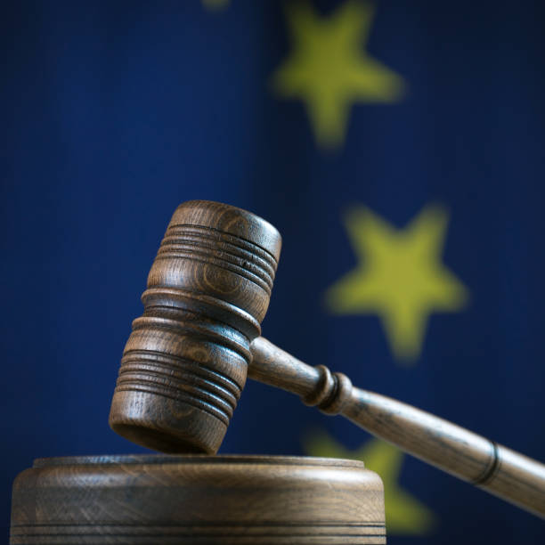 istock Law and Justice symbols. EU flag background. 842761156