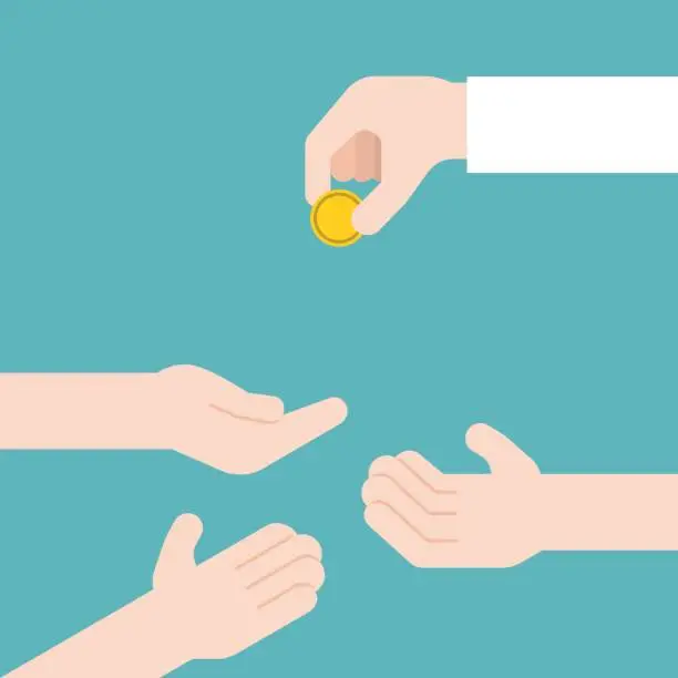 Vector illustration of hand giving gold coin and another three hands receive, donation and charity concept, flat design vector