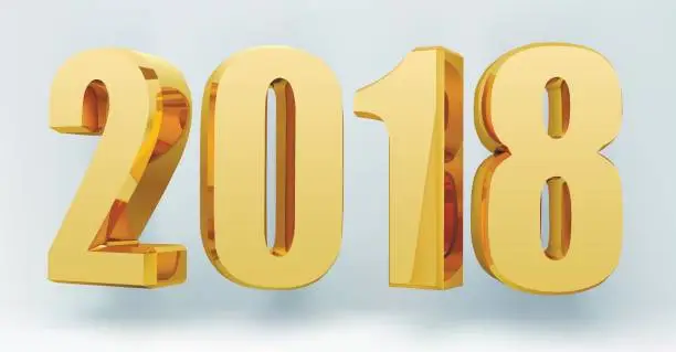 Vector illustration of Date 2018 on a light background in 3d format. Gold Shining 2018 Happy New Year Banner. Vector illustration