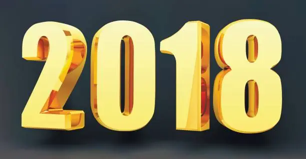 Vector illustration of Date 2018 on a black background in 3d format. Gold Shining 2018 Happy New Year Banner. Vector illustration