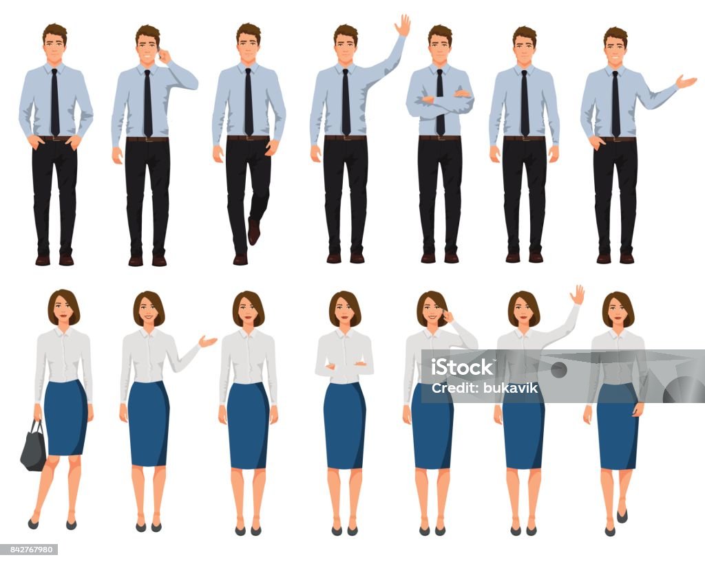 Vector illustration of men and women in official clothes. Cartoon realistic people set.Presentation pose.Worker with hand up. People with phone in one hand. Walking people. Men stock vector