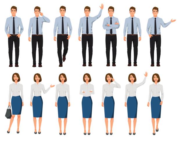 Vector illustration of men and women in official clothes. Cartoon realistic people set.Presentation pose.Worker with hand up. People with phone in one hand. Walking people. Vector illustration of men and women in official clothes. Cartoon realistic people set.Presentation pose.Worker with hand up. People with phone in one hand. Walking people. model object illustrations stock illustrations