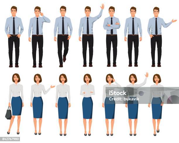 Vector Illustration Of Men And Women In Official Clothes Cartoon Realistic People Setpresentation Poseworker With Hand Up People With Phone In One Hand Walking People Stock Illustration - Download Image Now