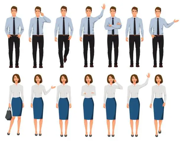 Vector illustration of Vector illustration of men and women in official clothes. Cartoon realistic people set.Presentation pose.Worker with hand up. People with phone in one hand. Walking people.