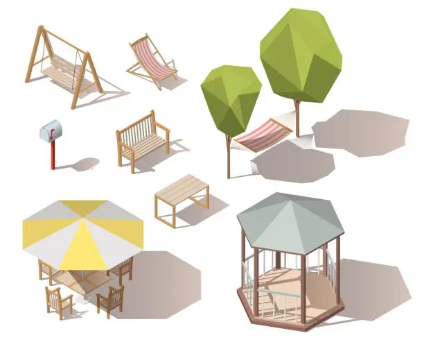 Vector illustration of Set of isometric vector outdoor objects.Wooden table,mailbox,letterbox, hammock between two trees,bench,umbrella with table and chairs,chaise-lounge ,chair, alcove, hanging on frame porch swing bench