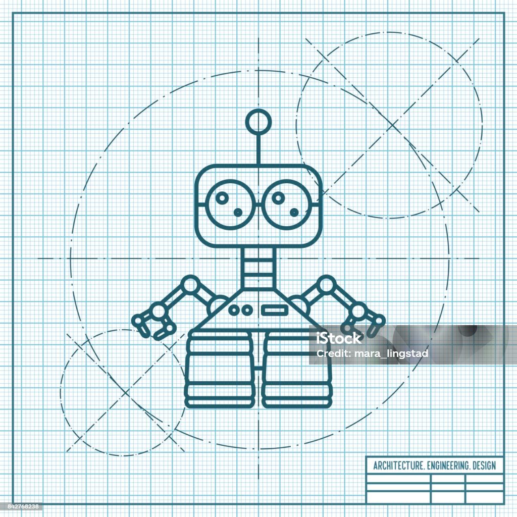 Vector flat color robot toy Vector blueprint retro robot toy icon on engineer and architect background Arm stock vector