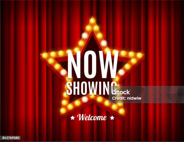 Cinema Movie Concept Light Bulbs Vintage Neon Glow Star Shape On A Red Curtains Vector Stock Illustration - Download Image Now