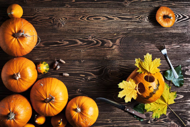 istock Halloween pumpkin man with knife and fork 842773884