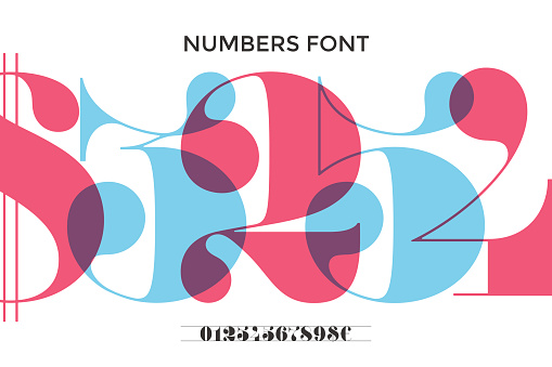 Font of numbers in classical french didot or didone style with contemporary geometric design. Beautiful elegant numeral, dollar and euro symbols. Vintage and retro typographic. Vector Illustration