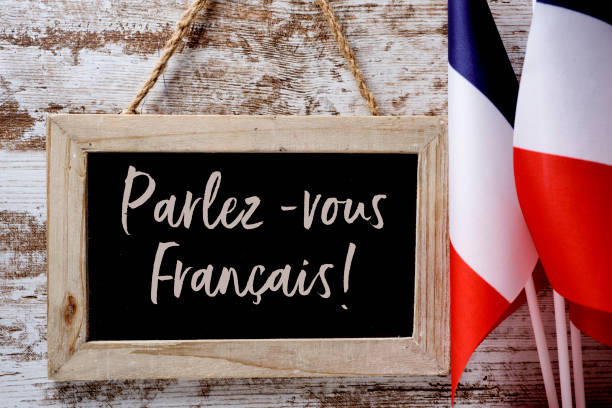 text parlez-vous francais? do you speak French? a wooden-framed chalkboard with the question parlez-vous francais? do you speak French? written in French, and some flags of France against a rustic wooden background french language photos stock pictures, royalty-free photos & images