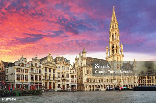 Brussels Grand Place In Beautiful Summer Sunrise Belgium Stock Photo - Download Image Now