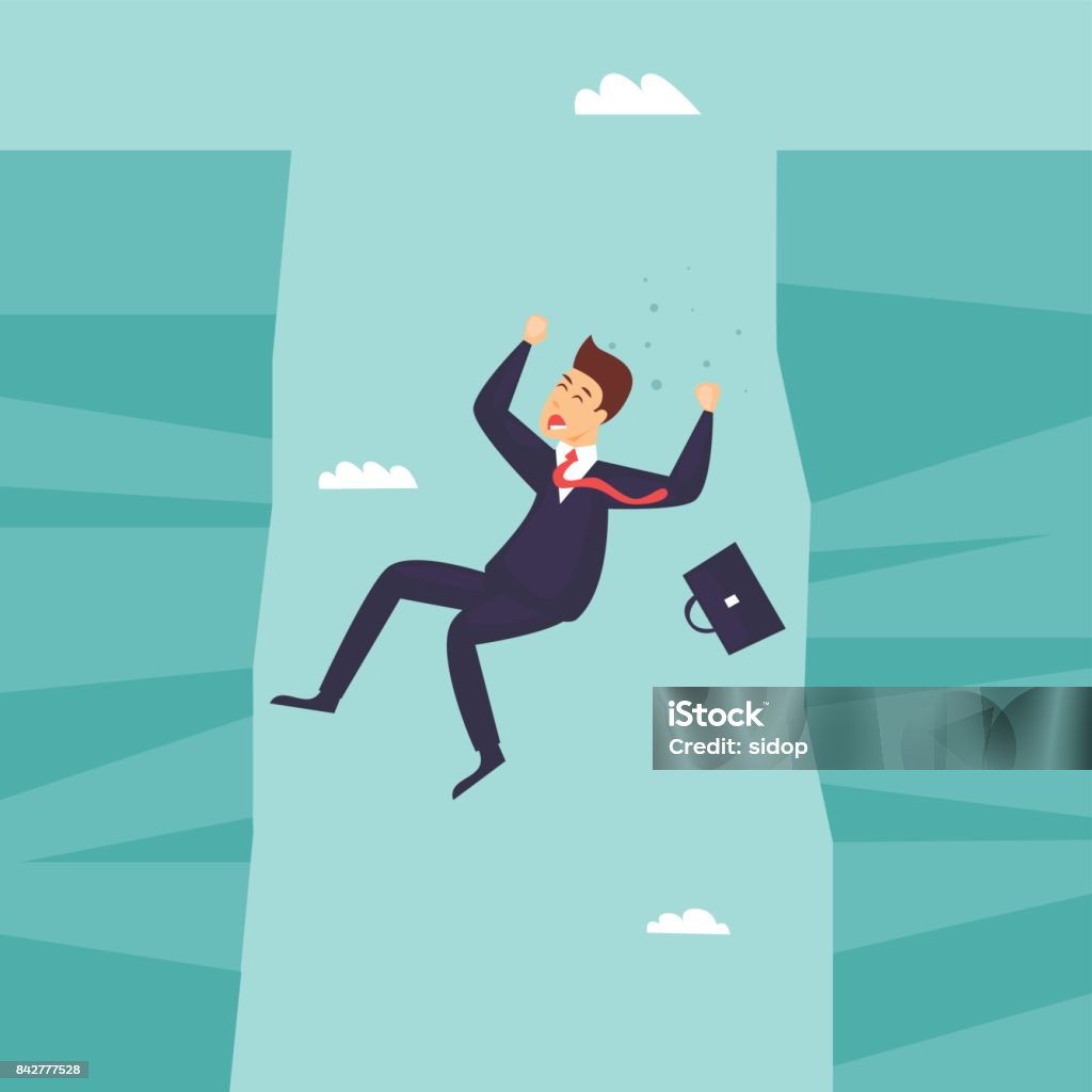 Businessman falls into the abyss, crisis, bankruptcy. Flat design vector illustration. Falling stock vector