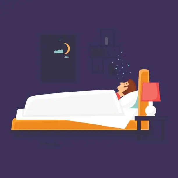 Vector illustration of Man is sleeping in bed. Flat design vector illustration.