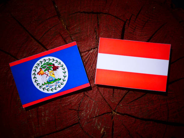 флаг белиза с австрийским флагом на пеньке изолирован - flag of belize стоковые фото и изображения