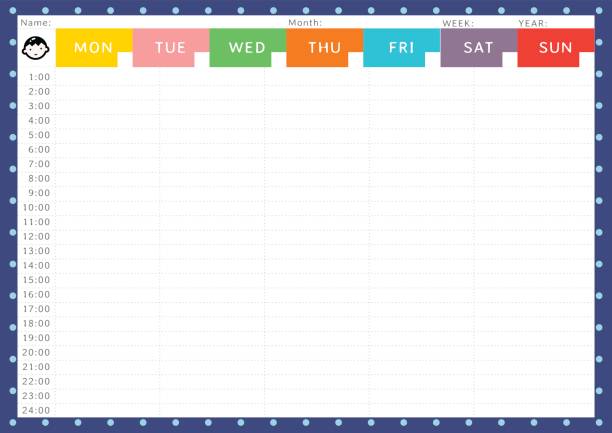 BOY WEEKLY TIME TABLE Instant cute weekly time table for boy on navy blue is ready to print. This time table useful for schedule planning. wednesday morning stock illustrations