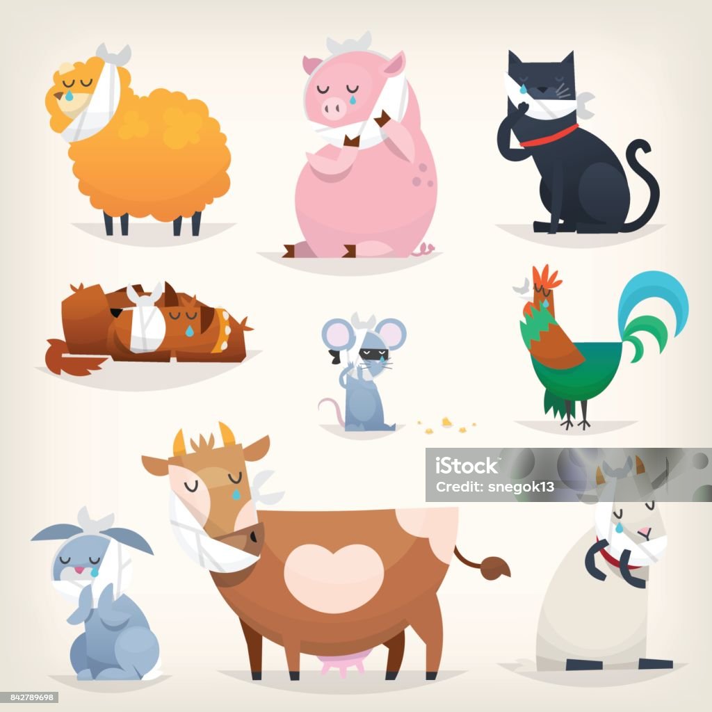 Farm animals with sick teeth Set of popular colorful vector farm animals and birds with ill teeth. Posters for the dentists clinic Illness stock vector