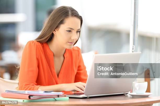 College Student Using A Laptop In A Coffee Shop Stock Photo - Download Image Now - University Student, Using Computer, Orange Color