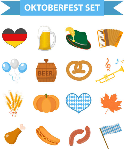 ilustrações de stock, clip art, desenhos animados e ícones de beer fest icon set, flat or cartoon style. october fest in germany collection of traditional symbols, design elements with beer, food, cap. isolated on white background. vector illustration. - oktoberfest