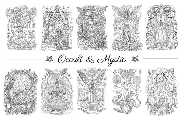Occult set with graphic engraved illustrations Occult and esoteric drawing, gothic, tattoo and wicca concept, Halloween backgrounds alchemy symbols stock illustrations
