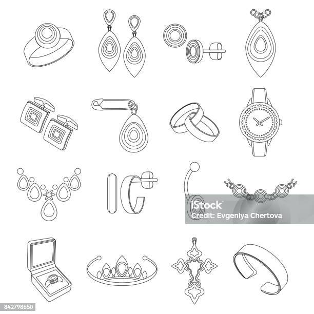 Set Contour Icons Jewelry In Vector Black Flat Icons Isolated On White Background Stock Illustration - Download Image Now