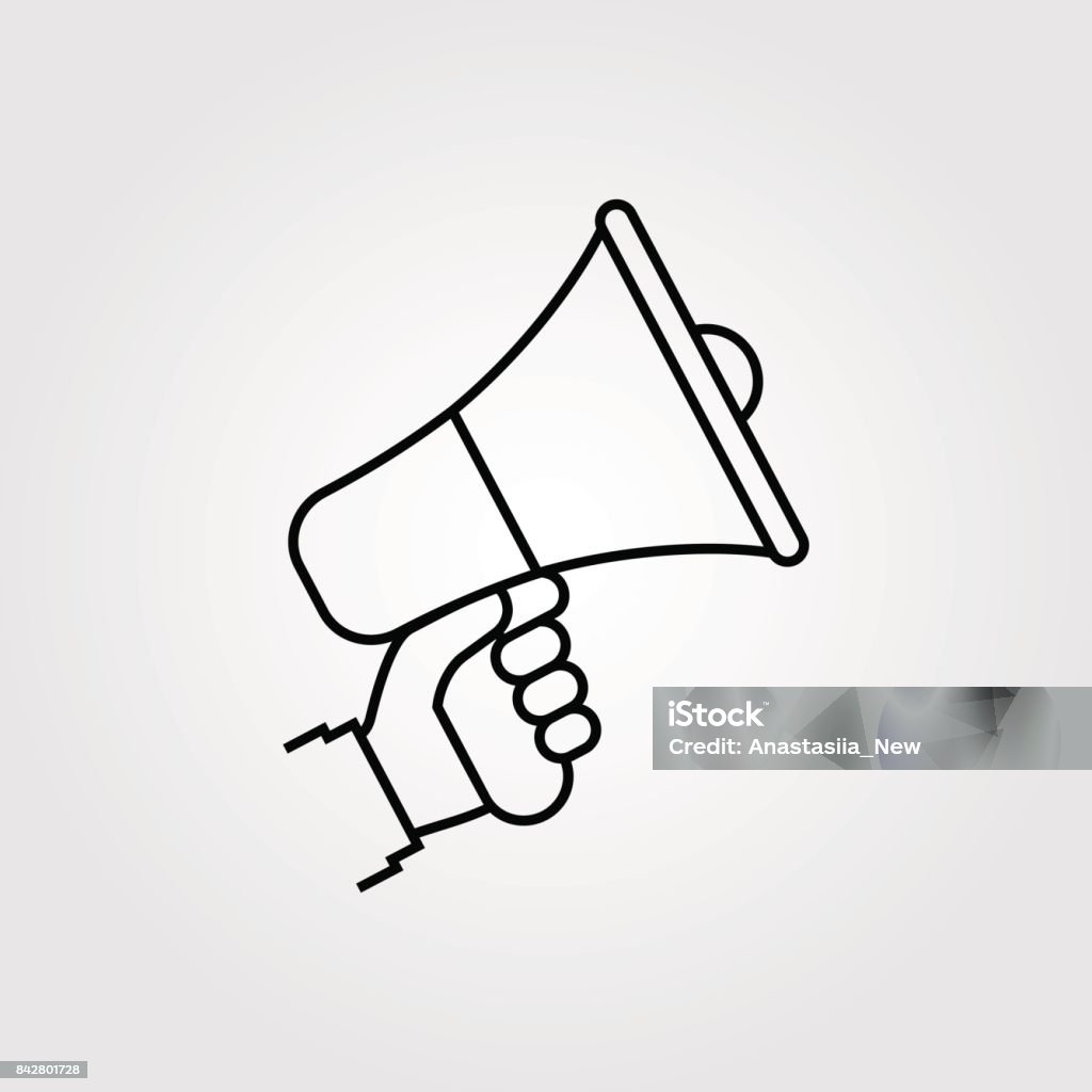 Hand holding megaphone Hand holding megaphone. Isolated icon on white background. Modern minimal design with a line. Speaker, loudspeaker silhouette. Vector illustration. Advertising and promotion symbol. Megaphone stock vector