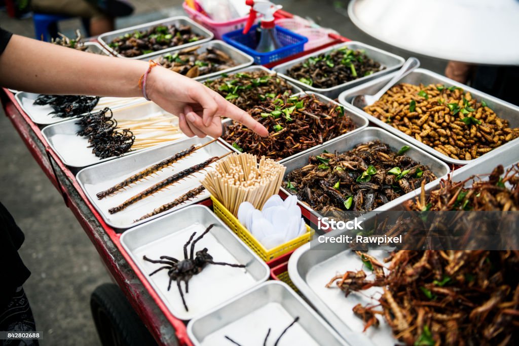 Closeup of hand ordering cooked insects in Thailand street food stall Insect Stock Photo