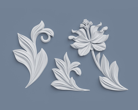 render 3D, elementos de diseño floral, prediseñadas botánico abstracto, decoración arquitectónica clásica, estuco blanco, flor relieve photo