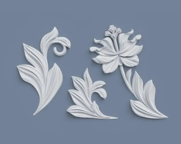 3d render, floral design elements, abstract botanical clip art, classical architectural decor, white stucco, relief flower