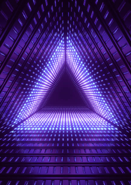 istock 3d render, blue neon lights, blue triangle tunnel, abstract geometric background 842808868
