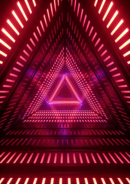Photo of 3d render, red neon lights, triangle tunnel, abstract geometric background